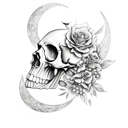 skull, butterflies, flowers, moon tattoo design idea