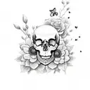skull, butterflies, flowers tattoo design idea