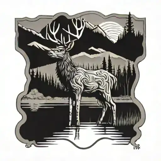 A majestic deer standing by a calm lake, with dense forest and towering mountains in the background. tattoo design idea