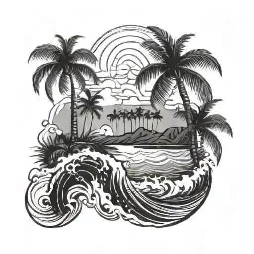 A paradise island with palm trees and waves in a blackwork style tattoo design idea
