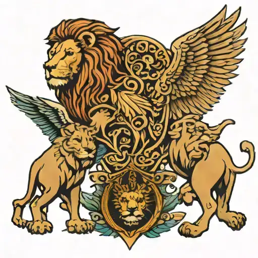 Lion, wings, two sons, power, honor, courage, freedom, rebellion tattoo design idea