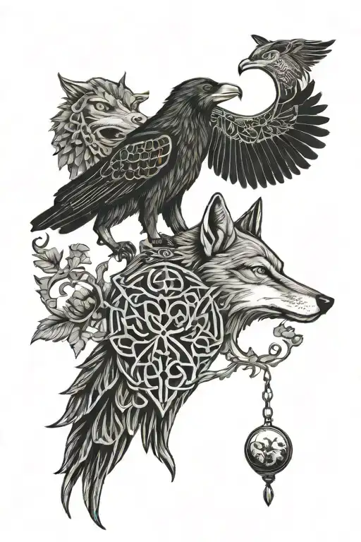 wolf and raven with claddagh, celtic tree of life and serch bythol tattoo design idea