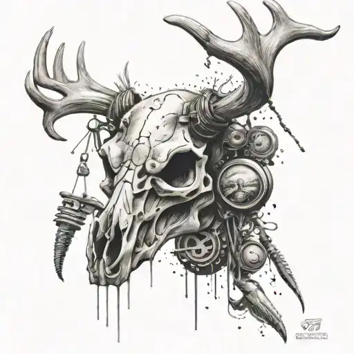A dotwork tattoo of a deer skull adorned with fishing lures and beer caps represents the client' love for the outdoors   tattoo design idea