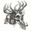 A dotwork tattoo of a deer skull adorned with fishing lures and beer caps represents the client' love for the outdoors   tattoo design idea