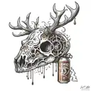 A dotwork tattoo of a deer skull adorned with fishing lures and beer caps represents the client' love for the outdoors   tattoo design idea