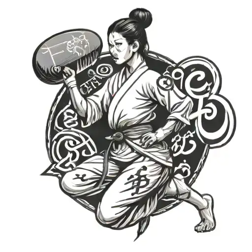 A warrior nurse in a karate stance with a positive mantra in Arabic script tattoo design idea