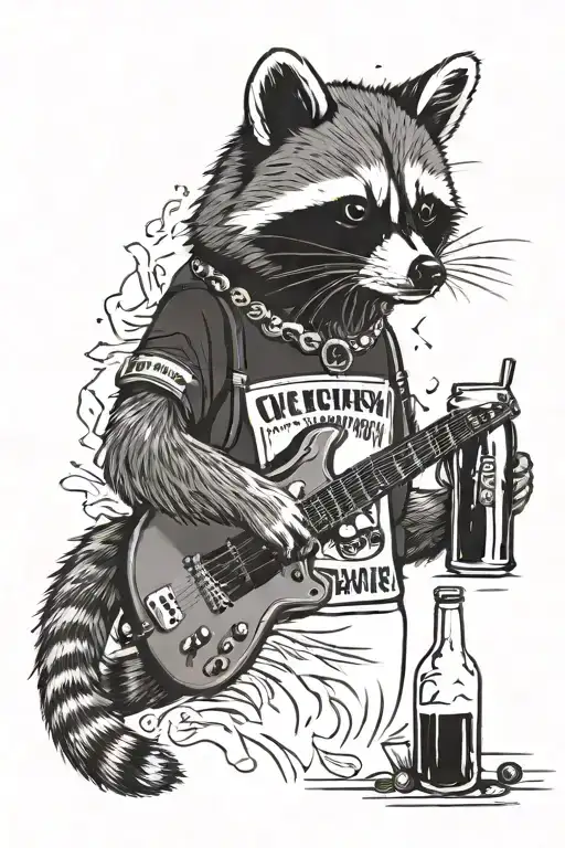 A tattoo of a raccoon wearing a RBG collar and playing a guitar, with beer bottles and cooking utensils scattered around. The background features a silhouette of Ruth Bader Ginsburg tattoo design idea
