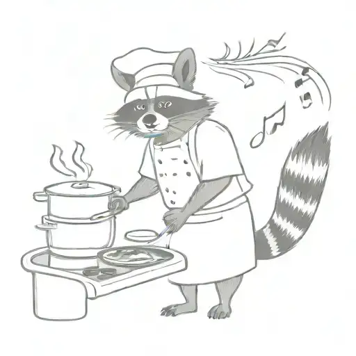 Raccoon chef cooking up a storm with music notes in the background tattoo design idea