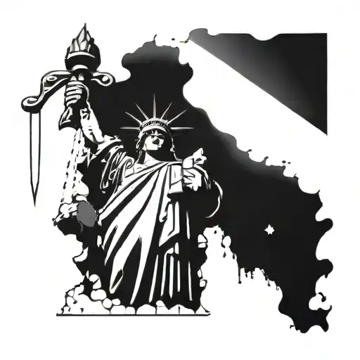 liberty statue holding a flag of Brazil with Egypt piramide and the Thor hammer on the ground and up the sapturn  tattoo design idea