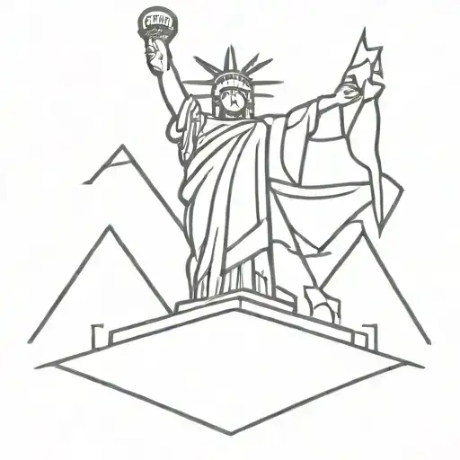 liberty statue holding a flag of Brazil with Egypt piramide and the Thor hammer on the ground and up the sapturn  tattoo design idea