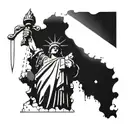 liberty statue holding a flag of Brazil with Egypt piramide and the Thor hammer on the ground and up the sapturn  tattoo design idea