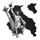 liberty statue holding a flag of Brazil with Egypt piramide and the Thor hammer on the ground and up the sapturn  tattoo design idea