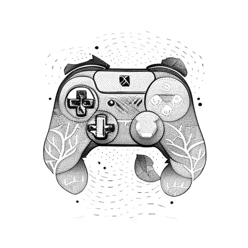 A video game controller made out of tree branches and leaves, with an otter playing on it tattoo design idea