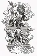 Zeus hades and Poseidon above mount Olympus with Hercules below wearing the nemian lion tattoo design idea