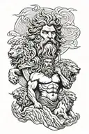 Zeus hades and Poseidon above mount Olympus with Hercules below wearing the nemian lion tattoo design idea
