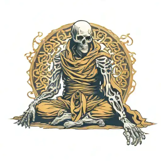 skeleton monk in cloak meditating, forward facing tattoo design idea