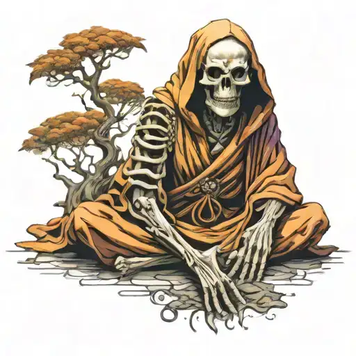 skeleton monk in cloak meditating, forward facing tattoo design idea