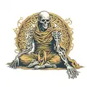 skeleton monk in cloak meditating, forward facing tattoo design idea
