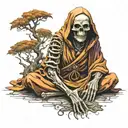 skeleton monk in cloak meditating, forward facing tattoo design idea