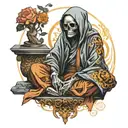 skeleton monk in cloak meditating, forward facing tattoo design idea