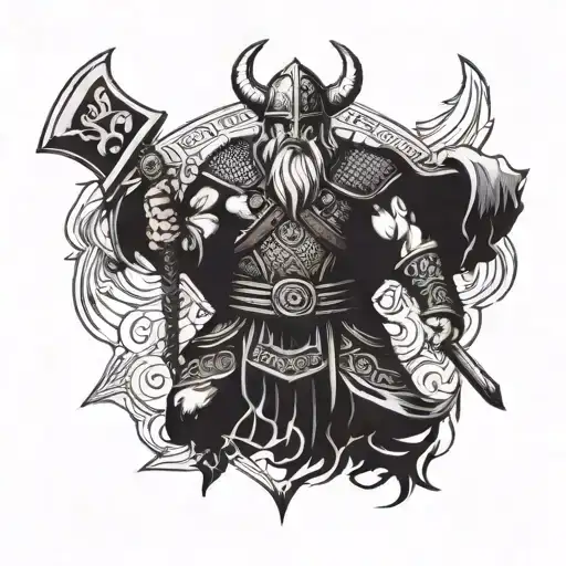 A fierce viking warrior wielding a battle axe, adorned with norse mythology symbols on their armor tattoo design idea