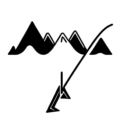 crossed arrows with guitar on the left, fishing rod on the right, mountain range on the top and waves on bottom tattoo design idea