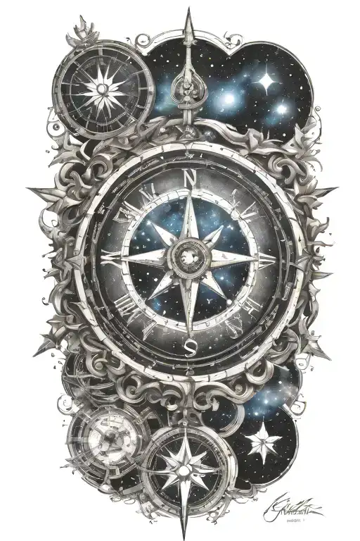 compass surrounded by galaxy filled with stars forming tattoo design idea