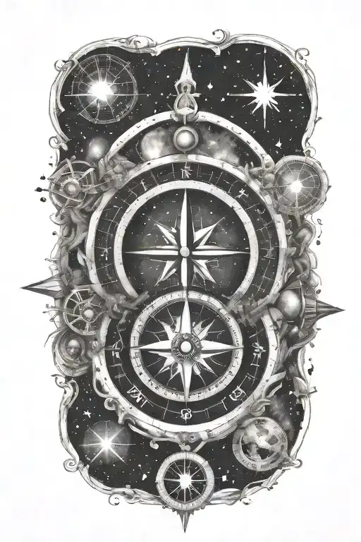 compass surrounded by galaxy filled with stars tattoo design idea