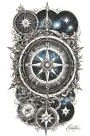 compass surrounded by galaxy filled with stars forming tattoo design idea