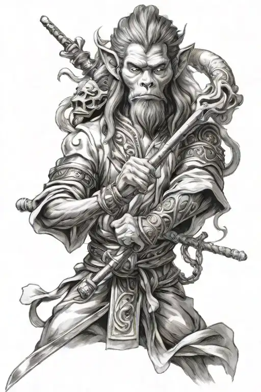Create a forearm tattoo of Jin Mori from god Highschool in his monkey king mode holding his yeoui staff  tattoo design idea