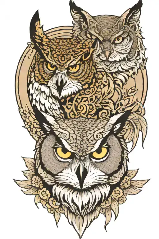 great horned owl and wolf face incorporated tattoo design idea