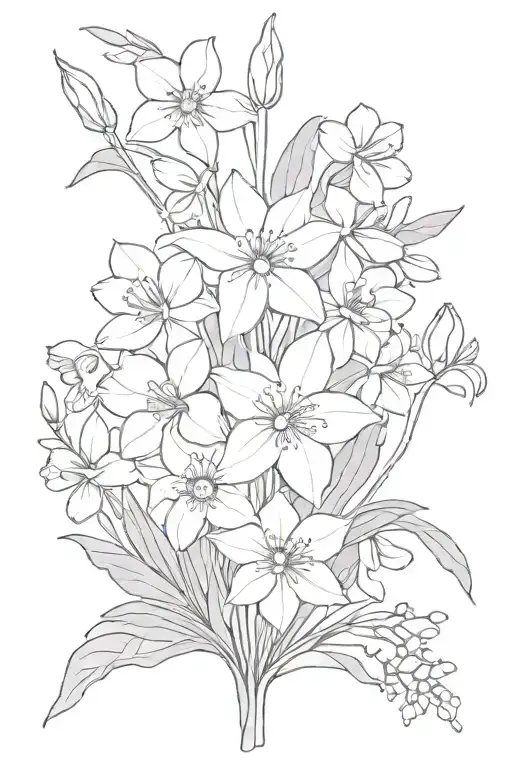 Black and white tattoo bouquet of daffodils, snowdrops, primrose, sweet peas, daisies, aster tattoo design idea