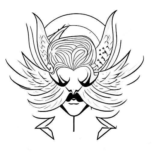 A minimalist design of a theatre curtain with angel wings and devil horns peeking out from behind tattoo design idea