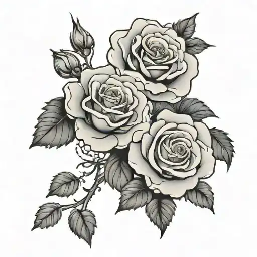 Tattoo arm sleeve with 2 roses, Romans 8:28 bible verse, clouds, love you bub on the wrist, and the word faith tattoo design idea