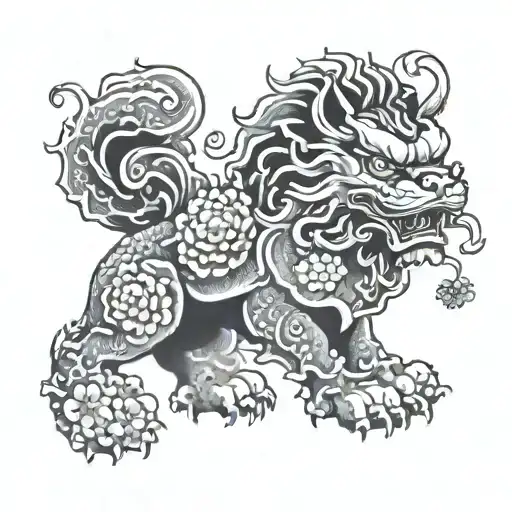 foo dog with Japanese flowers tattoo design idea