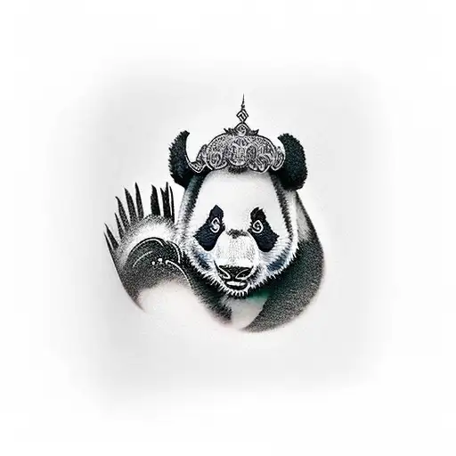 Black ink panda face tattoo on hand's back: knuckles to beyond wrist, realistic. Use only black ink tattoo design idea