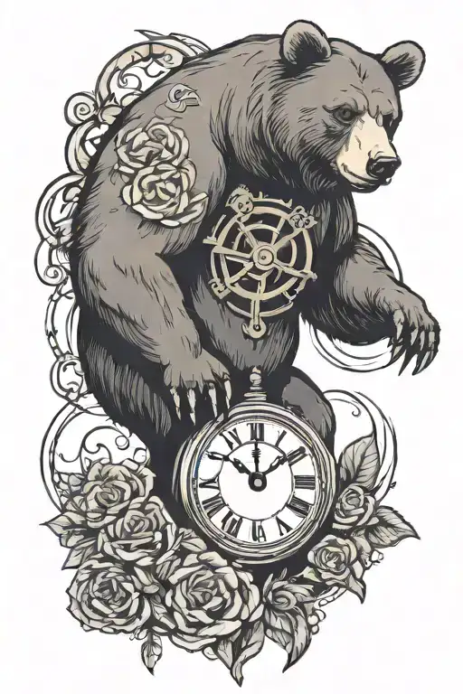 bear and clock with sobriety symbol tattoo design idea