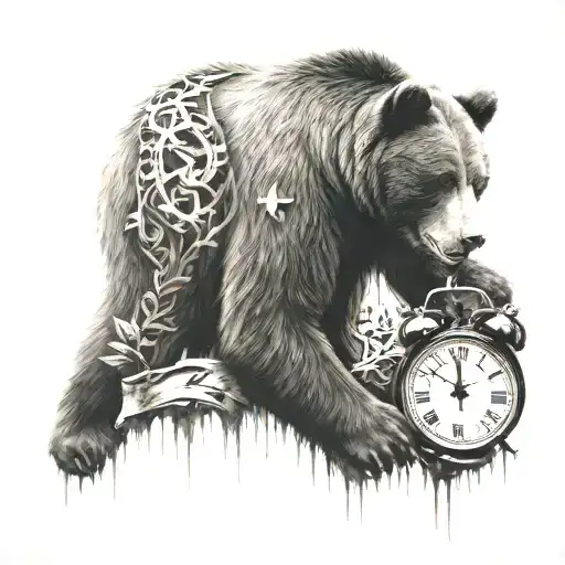 bear and clock with sobriety symbol somewhere tattoo design idea