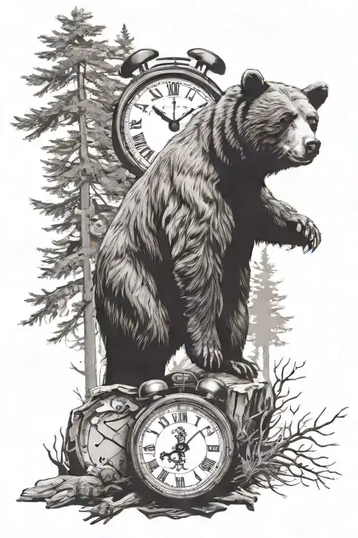 bear with trees all around and a clock with sobriety symbol somewhere tattoo design idea