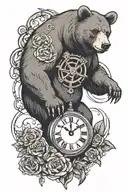 bear and clock with sobriety symbol tattoo design idea