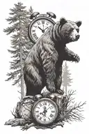 bear with trees all around and a clock with sobriety symbol somewhere tattoo design idea