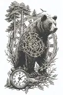 bear with trees all around and a clock with sobriety symbol somewhere tattoo design idea