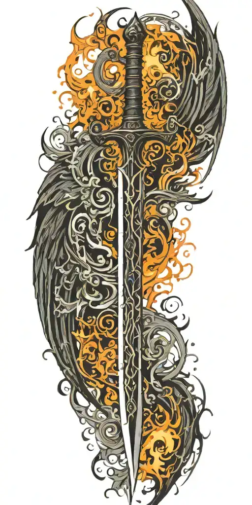 black sword embedded within wings made of fire tattoo design idea