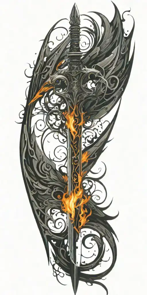 black sword embedded within wings made of fire tattoo design idea