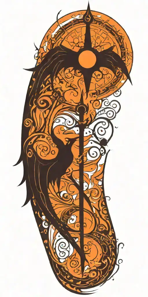 Solar eclipse, Black Sword, Black Wings, fire tattoo design idea