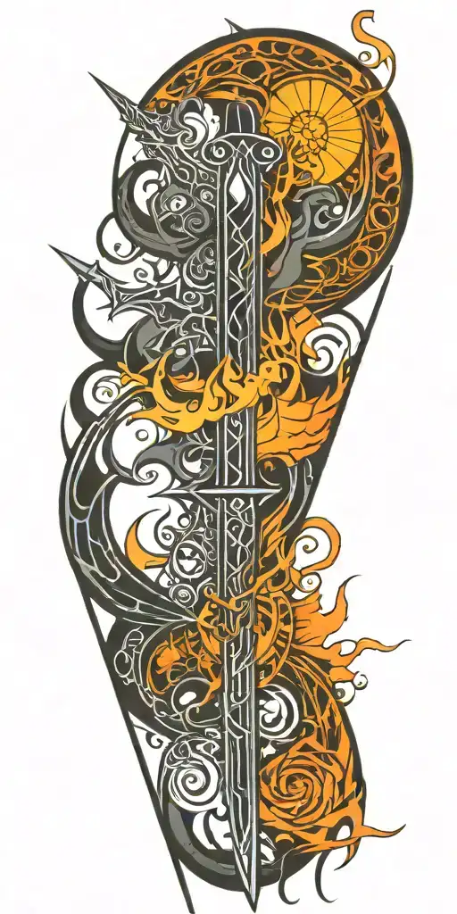 Sun, Black Sword , Black Wings, flames intertwined tattoo design idea