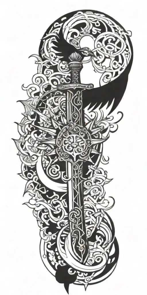 Sun, Black Sword , Black Wings, flames intertwined tattoo design idea
