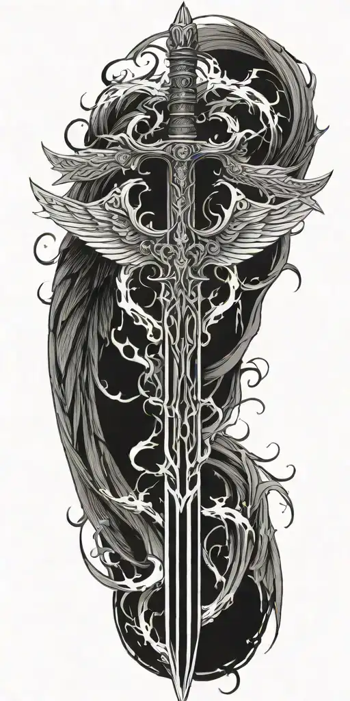 black sword embedded within wings made of fire tattoo design idea