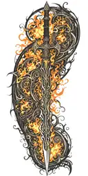 black sword embedded within wings made of fire tattoo design idea