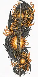 Sun, Black Sword , Black Wings, flames intertwined tattoo design idea